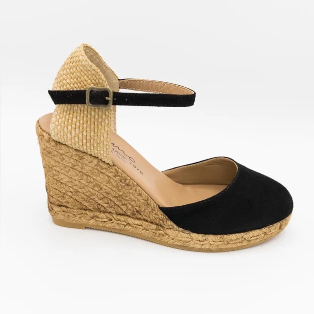 GAIMO Raffia Espadrilles Wedge Sandals Black Suede